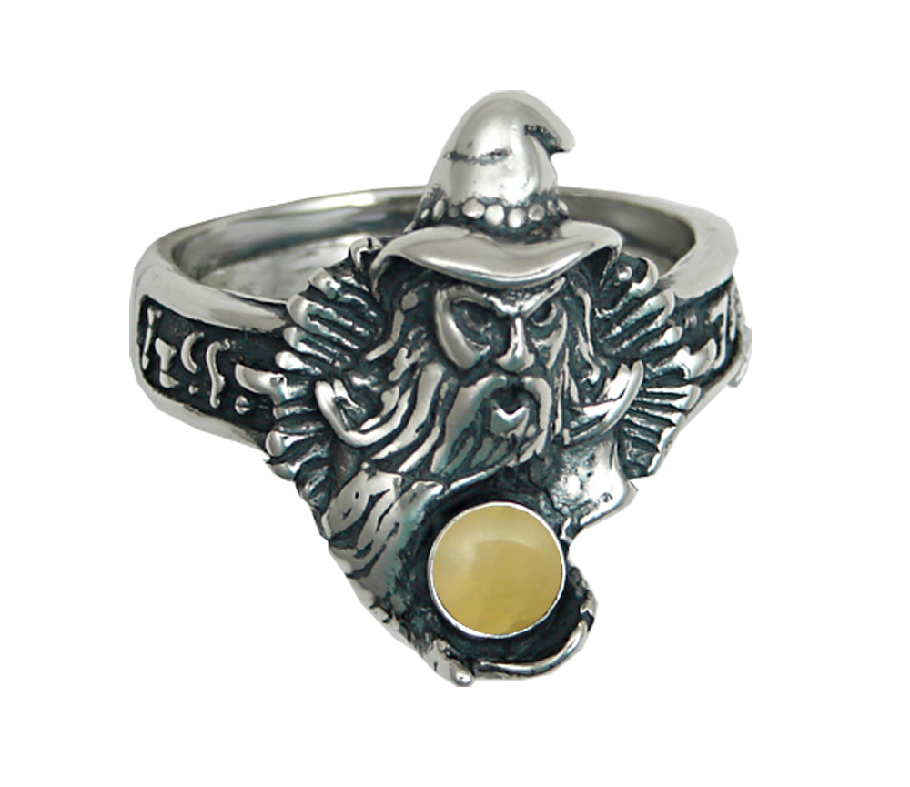 Sterling Silver Wizard Ring With Yellow Jade Size 8